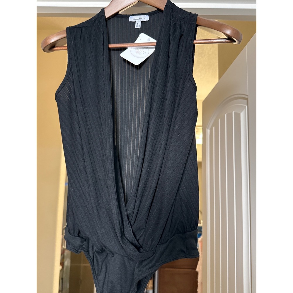Day Into Night Bodysuit Black Ribbed Wrap V-Neck Sleeveless S, NWT Closet Staple - Picture 3 of 7